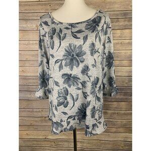 Westport Womens Large Floral Blouse Ruffled Hem Cuff Gray 3/4 Sleeve